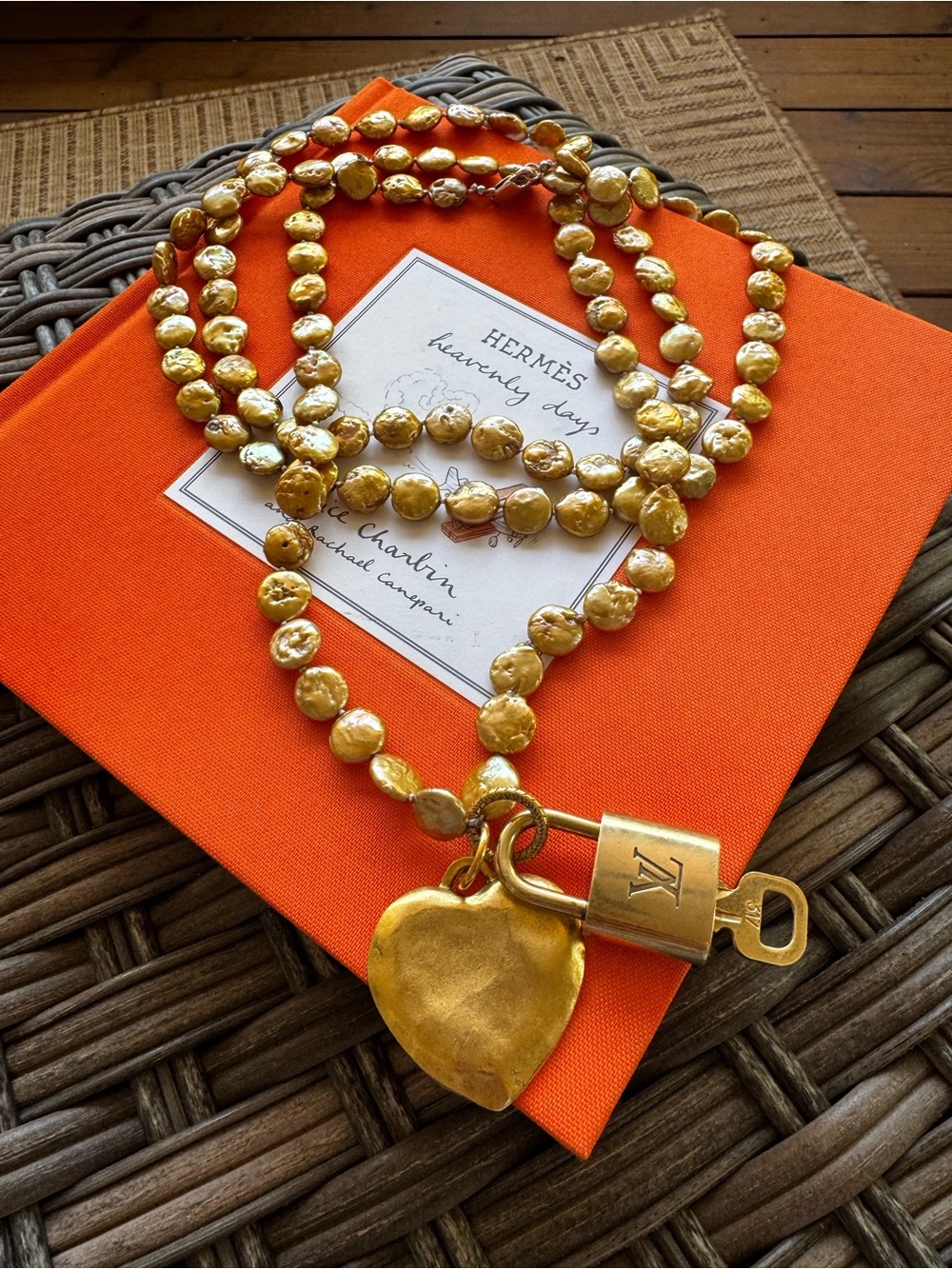 LV  Gold-Tone Beaded Necklace with Heart Padlock Charm  adjustable length